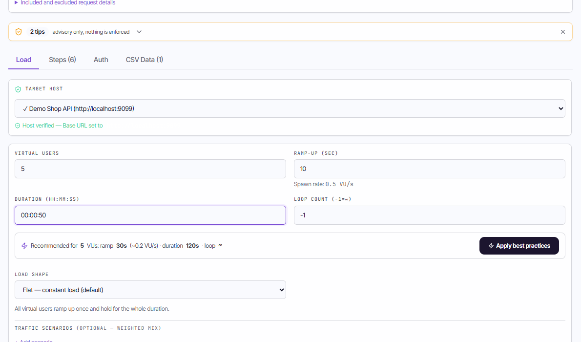 The Load tab with target host, virtual users, ramp-up and duration