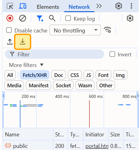 Chrome DevTools with the Export HAR download icon highlighted